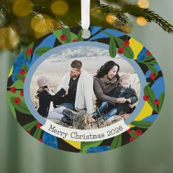 Holiday Holly Horizontal Oval Metal Personalized Ornament, Custom Photo and Text
