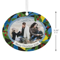 Holiday Holly Horizontal Oval Metal Personalized Ornament, Custom Photo and Text