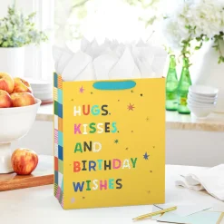 13" Hugs, Kisses and Birthday Wishes on Yellow Large Gift Bag