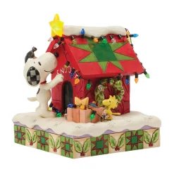 Jim Shore Peanuts Snoopy Decorating Doghouse Light-Up Figurine, 6.3