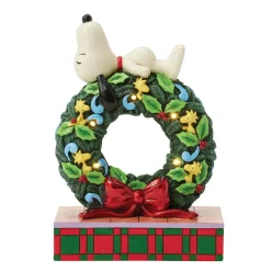 Jim Shore Peanuts Snoopy Sleeping on Light-Up Wreath Figurine, 7.13"