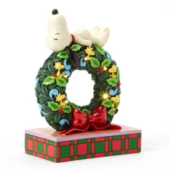 Jim Shore Peanuts Snoopy Sleeping on Light-Up Wreath Figurine, 7.13