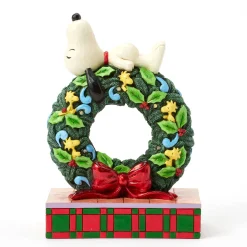 Jim Shore Peanuts Snoopy Sleeping on Light-Up Wreath Figurine, 7.13