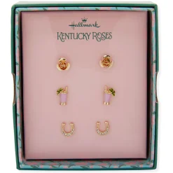 Kentucky Roses Enamel, Crystal and Gold Metal Stud Earrings, 3 pair