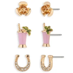 Kentucky Roses Enamel, Crystal and Gold Metal Stud Earrings, 3 pair
