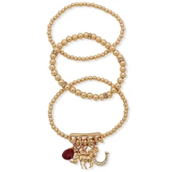 Kentucky Roses Gold Metal Beaded Bracelets With Charms, Set of 3