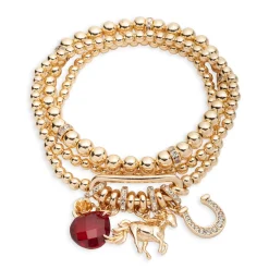 Kentucky Roses Gold Metal Beaded Bracelets With Charms, Set of 3