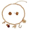 Kentucky Roses Gold Metal Charm Necklace and Rose Earrings Set