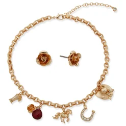 Kentucky Roses Gold Metal Charm Necklace and Rose Earrings Set