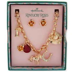 Kentucky Roses Gold Metal Charm Necklace and Rose Earrings Set