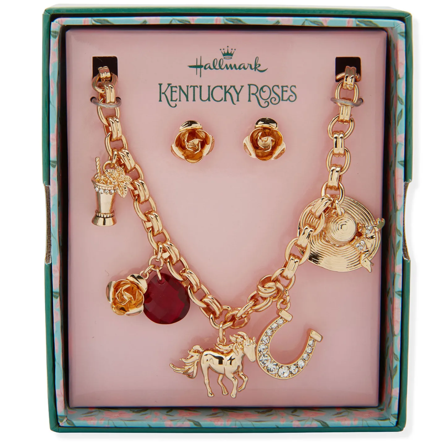 Kentucky Roses Gold Metal Charm Necklace and Rose Earrings Set