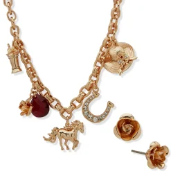 Kentucky Roses Gold Metal Charm Necklace and Rose Earrings Set