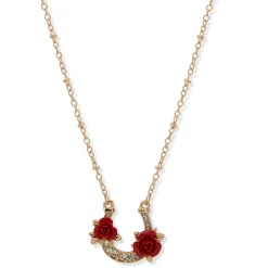 Kentucky Roses Gold Metal Necklace With Crystal Horseshoe and Roses Pendant