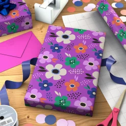 Lavender-Scented Bold Flowers on Purple Wrapping Paper Roll, 15 sq. ft.