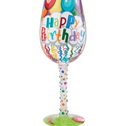 Lolita Happy Birthday Balloons and Streamers Handpainted Wine Glass, 15 oz.