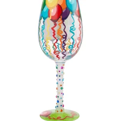 Lolita Happy Birthday Balloons and Streamers Handpainted Wine Glass, 15 oz.