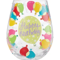 Lolita Happy Birthday Balloons Handpainted Stemless Wine Glass, 20 oz.