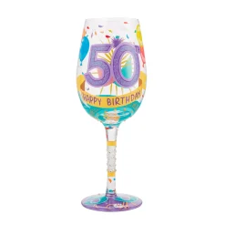 Lolita Happy 50th Birthday Handpainted Wine Glass, 15 oz.