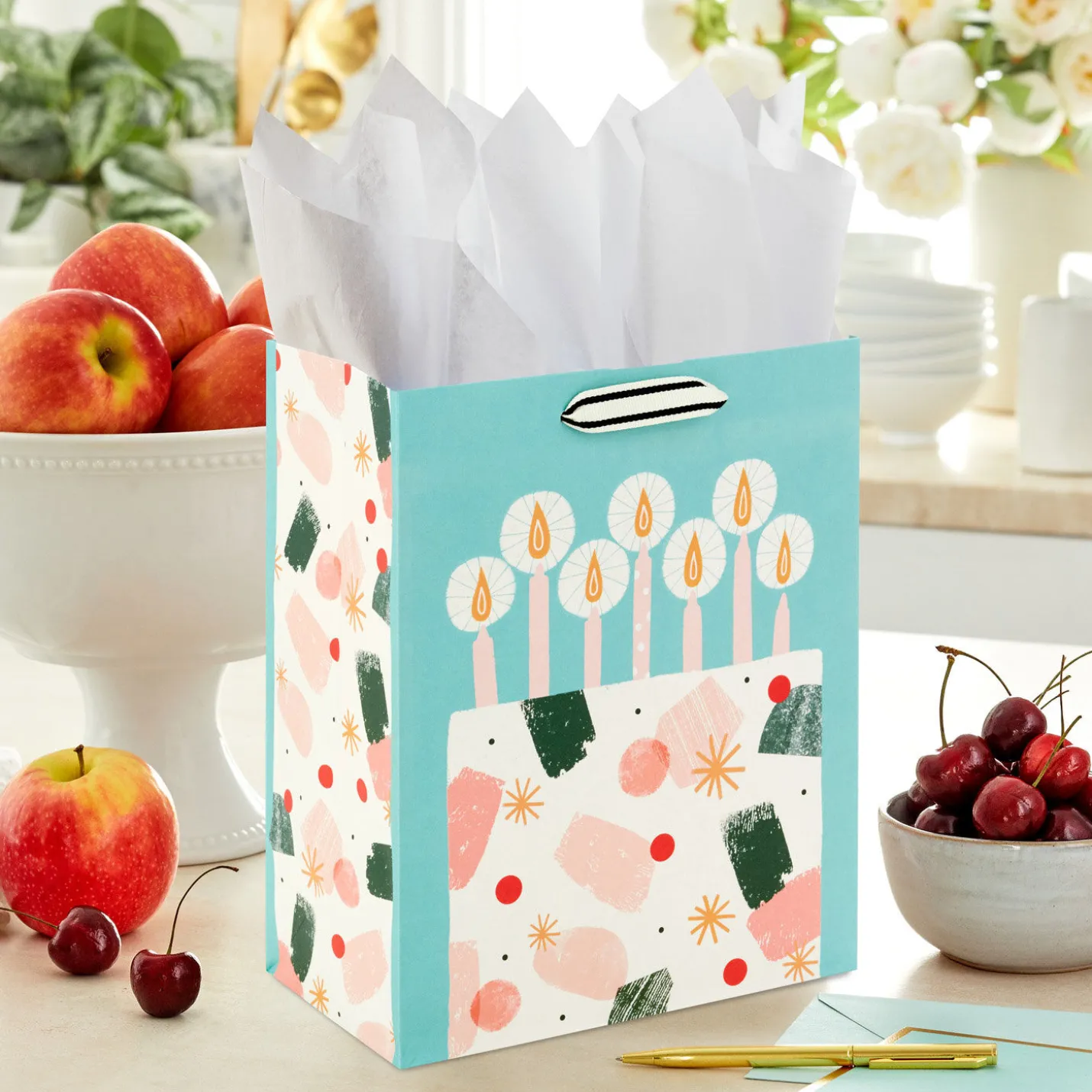 9.6" Modern Birthday Cake on Mint Green Medium Gift Bag