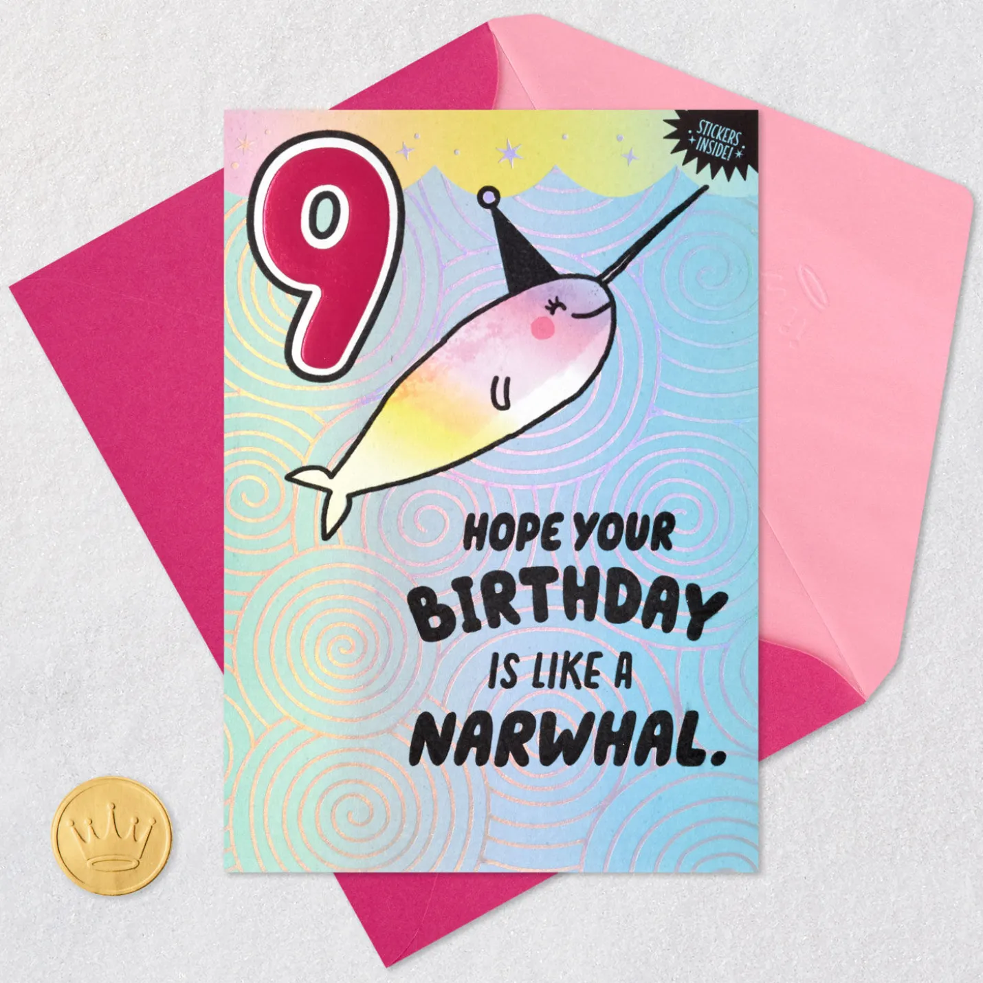 Narwhal 9th Birthday Card for Kid With Stickers