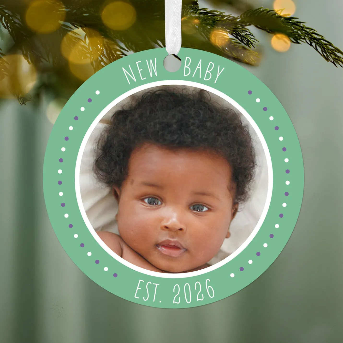 New Baby Round Metal Personalized Ornament, Custom Photo and Text