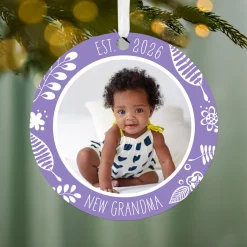 New Grandma Round Metal Personalized Ornament, Custom Photo and Text