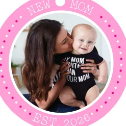 New Mom Round Metal Personalized Ornament, Custom Photo and Text