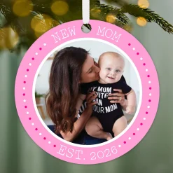 New Mom Round Metal Personalized Ornament, Custom Photo and Text