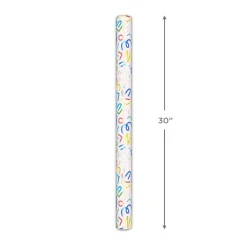 Party Streamers and Squiggles on White Metallic Wrapping Paper Roll, 17.5 sq. ft.