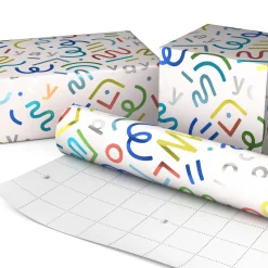 Party Streamers and Squiggles on White Metallic Wrapping Paper Roll, 17.5 sq. ft.