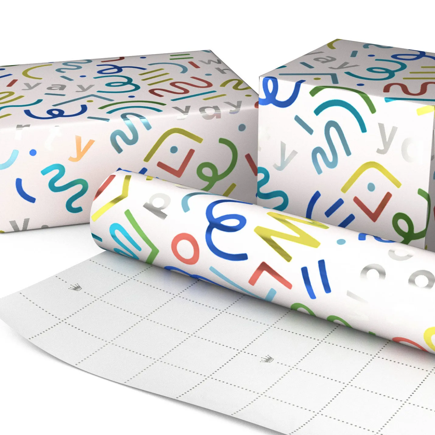 Party Streamers and Squiggles on White Metallic Wrapping Paper Roll, 17.5 sq. ft.