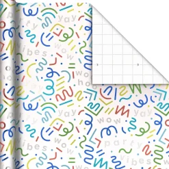 Party Streamers and Squiggles on White Metallic Wrapping Paper Roll, 17.5 sq. ft.