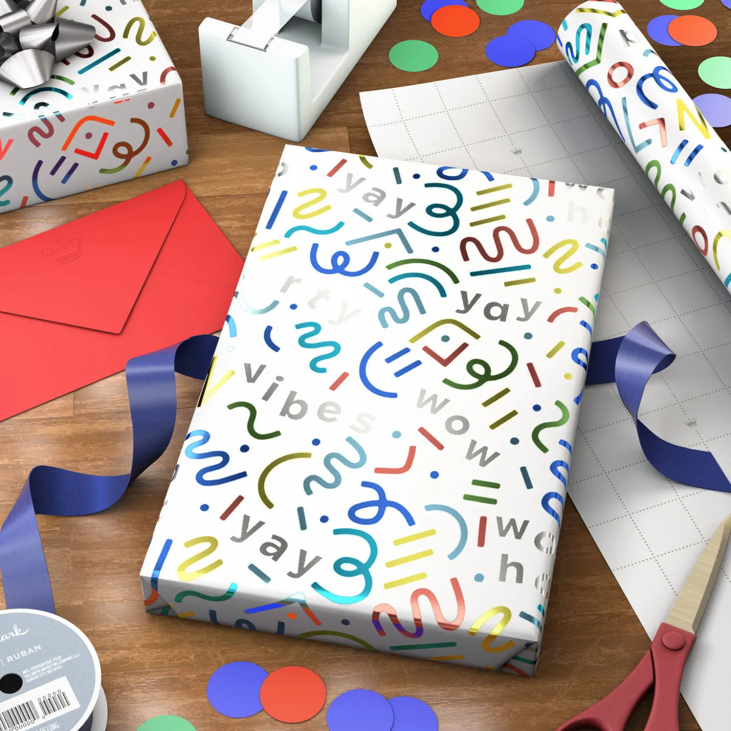 Party Streamers and Squiggles on White Metallic Wrapping Paper Roll, 17.5 sq. ft.