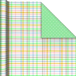 Pastel Plaid/Bright Mint Polka Dots Reversible Wrapping Paper Roll, 20 sq. ft.