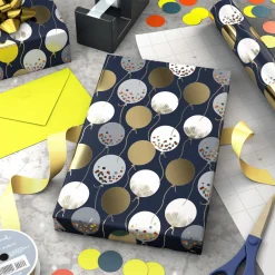 Patterned Balloons on Blue Wrapping Paper, 17.5 sq. ft.