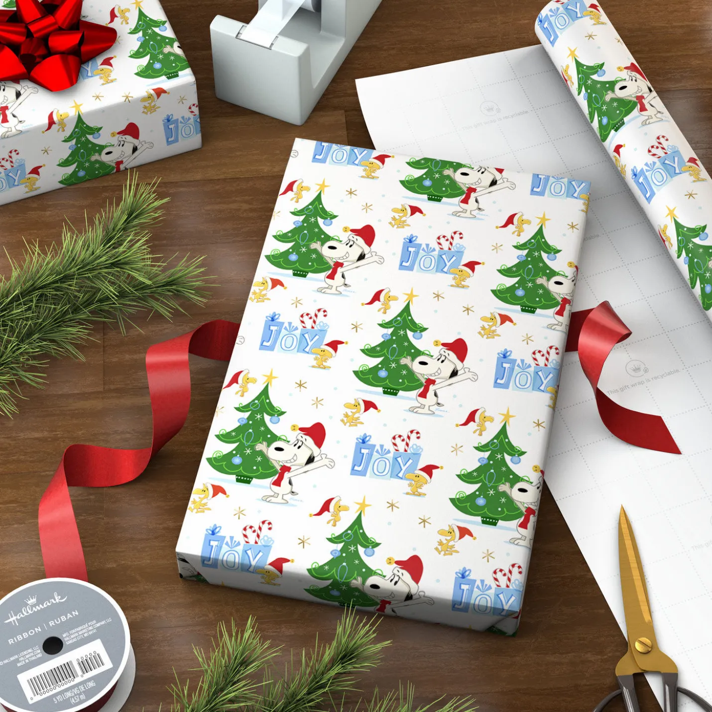 Peanuts® Santa Snoopy and Woodstock on White Christmas Wrapping Paper Roll, 25 sq. ft.