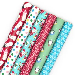 Penguins, Doodles and Polka Dots 6-Pack Assorted Christmas Wrapping Paper Roll Bundle, 180 sq. ft. total