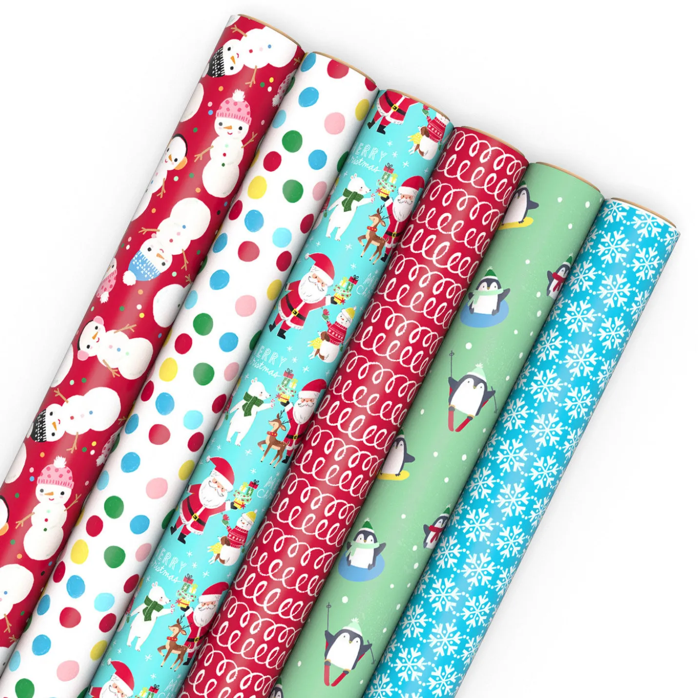 Penguins, Doodles and Polka Dots 6-Pack Assorted Christmas Wrapping Paper Roll Bundle, 180 sq. ft. total