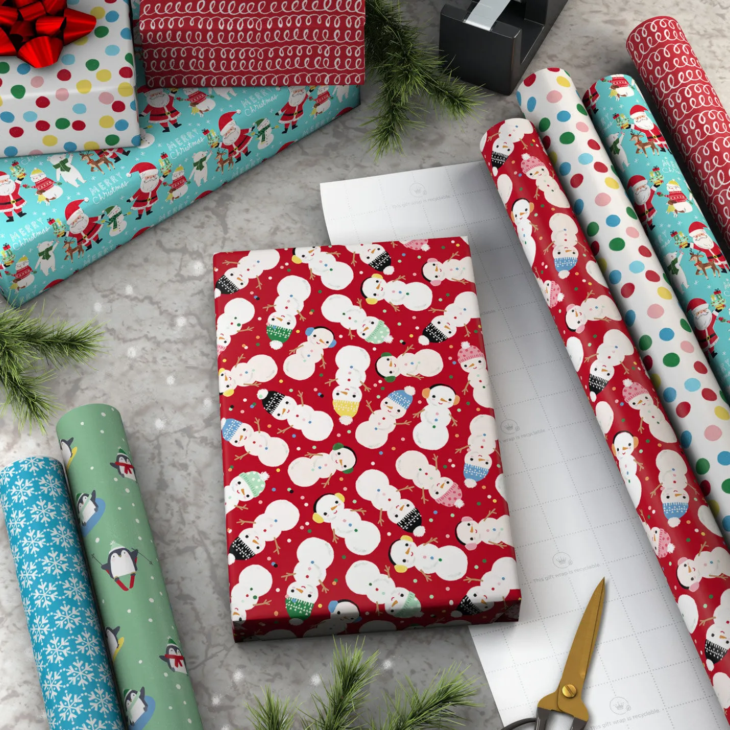 Penguins, Doodles and Polka Dots 6-Pack Assorted Christmas Wrapping Paper Roll Bundle, 180 sq. ft. total