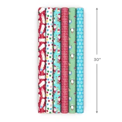 Penguins, Doodles and Polka Dots 6-Pack Assorted Christmas Wrapping Paper Roll Bundle, 180 sq. ft. total