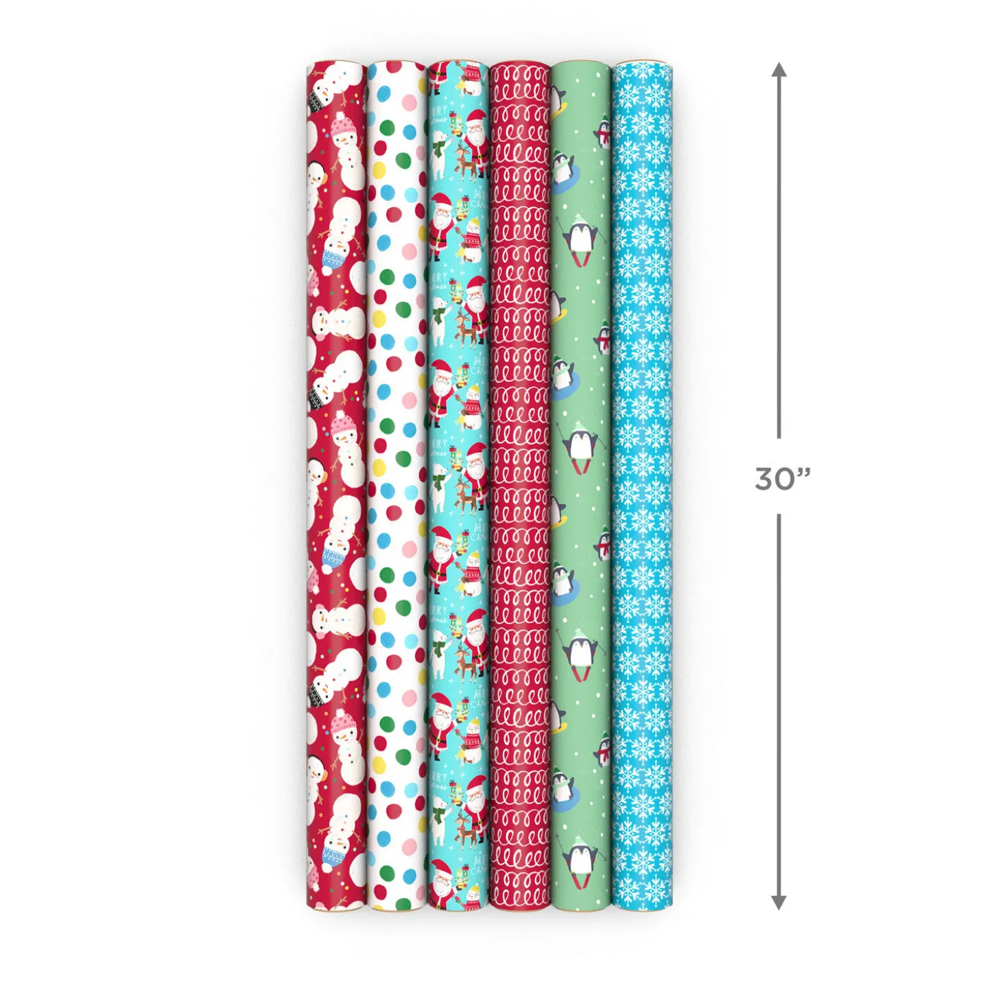 Penguins, Doodles and Polka Dots 6-Pack Assorted Christmas Wrapping Paper Roll Bundle, 180 sq. ft. total