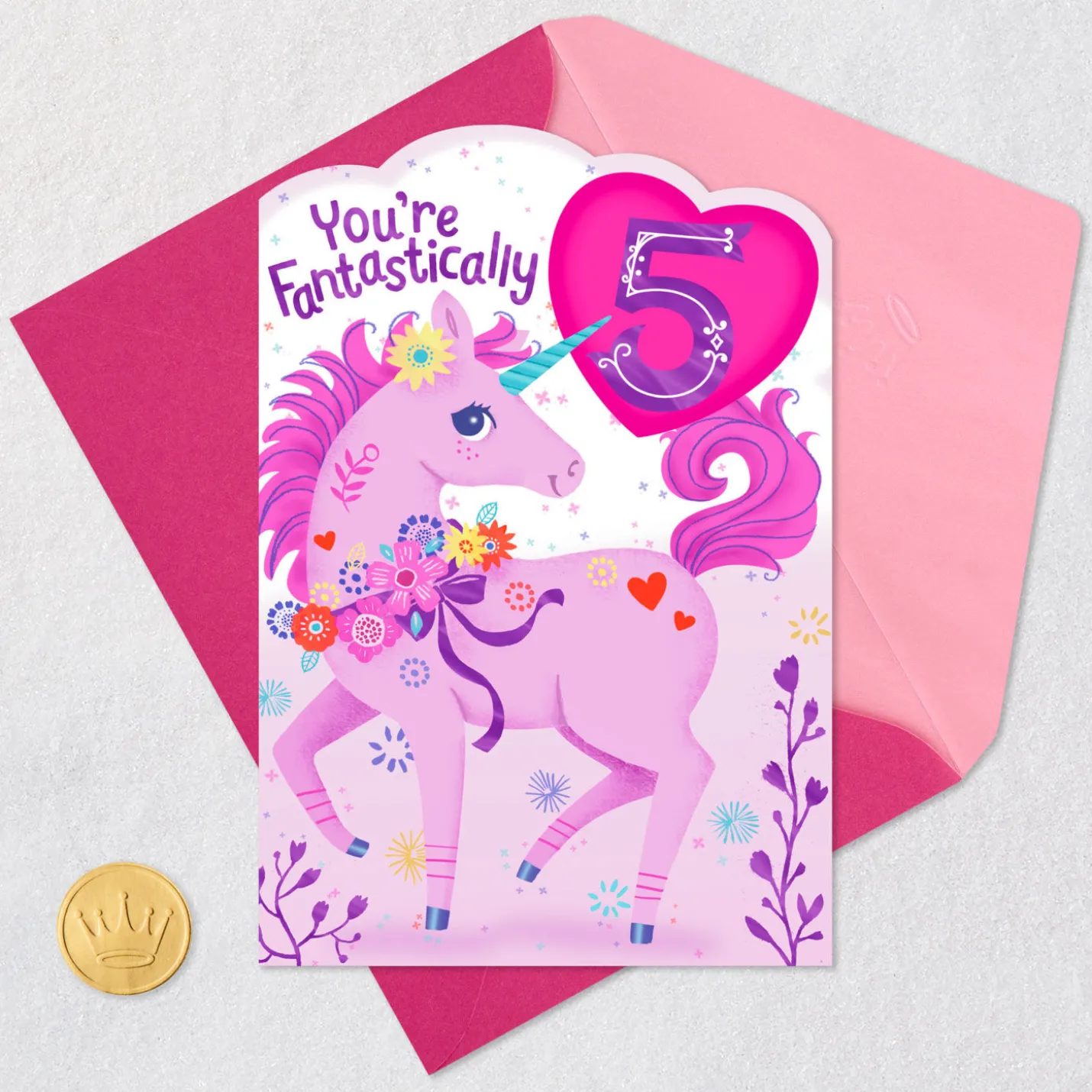 Perfectly Enchanted Pink Unicorn 5th Birthday Card