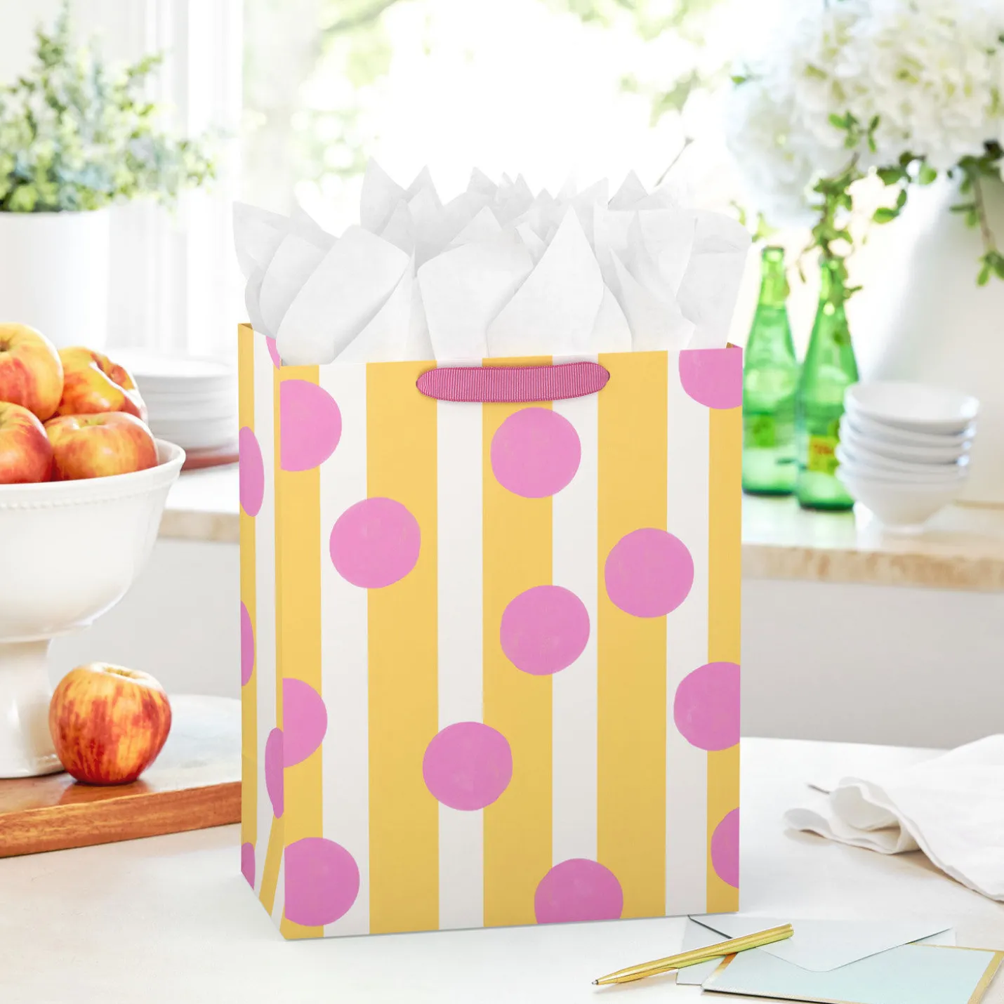 13" Pink Dots on Yellow Stripes Large Gift Bag