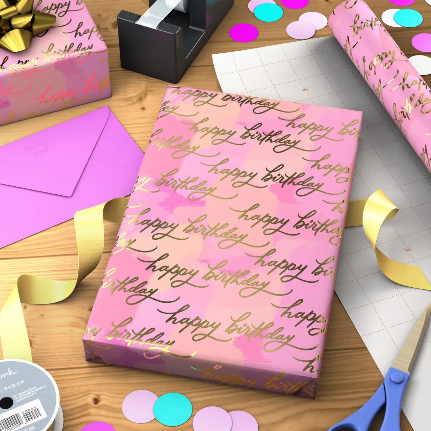 Pink Painted Color Block Birthday Wrapping Paper Roll, 17.5 sq. ft.