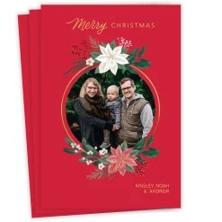 Poinsettia Gold Wreath Flat Christmas Photo Card