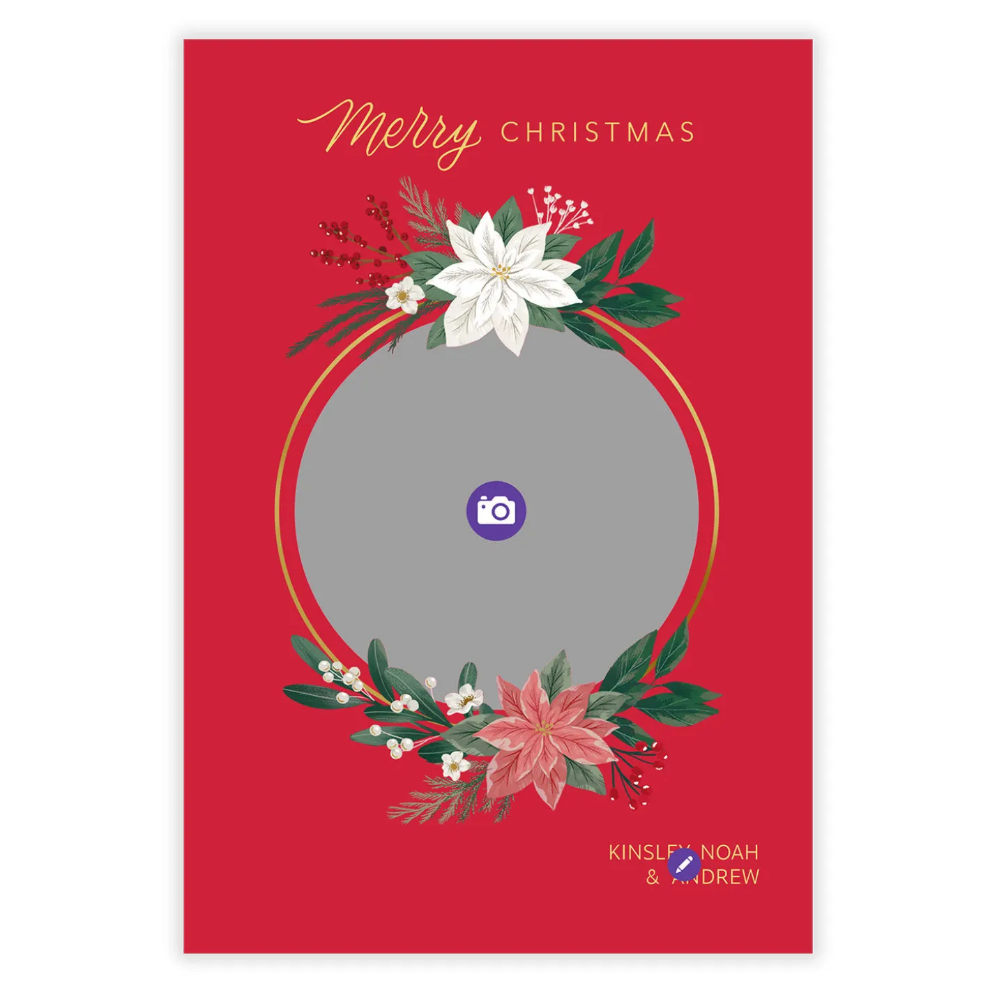 Poinsettia Gold Wreath Flat Christmas Photo Card