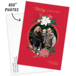 Poinsettia Gold Wreath Flat Christmas Photo Card