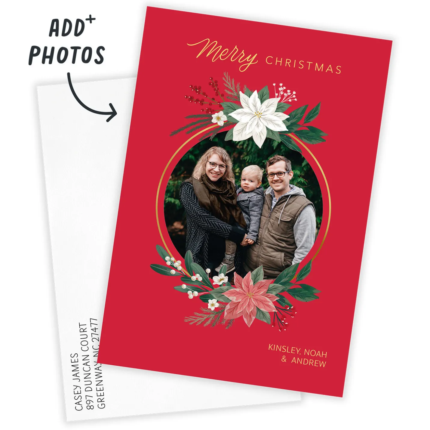 Poinsettia Gold Wreath Flat Christmas Photo Card