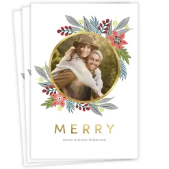 Poinsettia Wreath Flat Christmas Photo Card