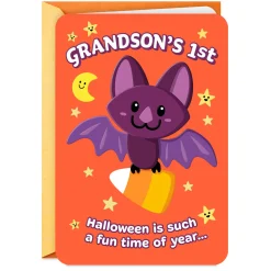Purple Bat With Candy Corn First Halloween Card for Grandson